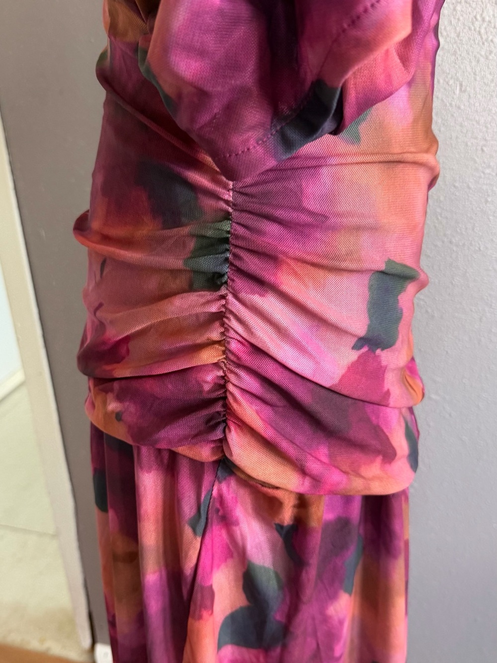 Pink Multi-Color V-Neck Ruched Midi Dress - Picture 5 of 7